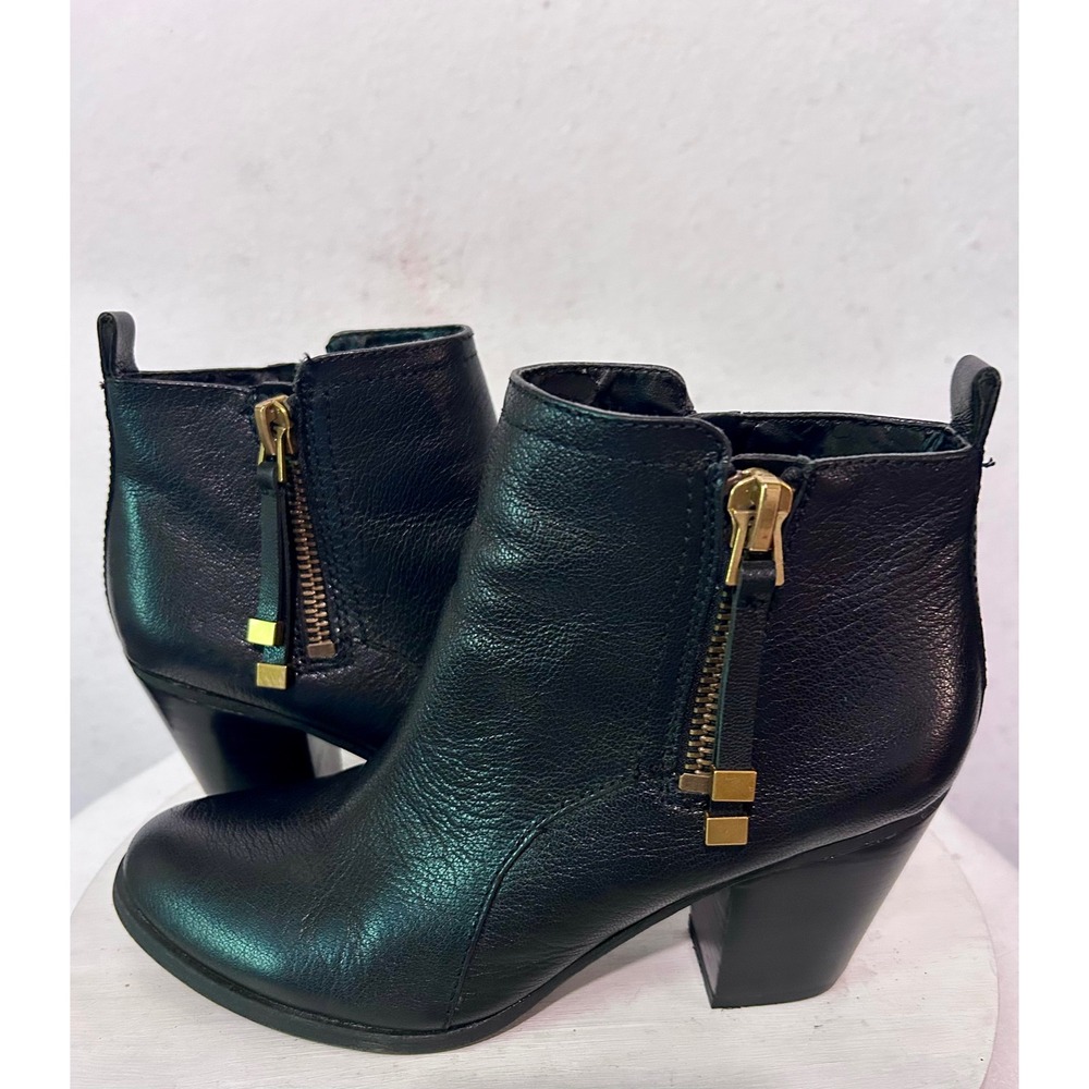 Franco Sarto Womens Black Leather Ankle Boots Gold Zip Block Heel Size 8.5M